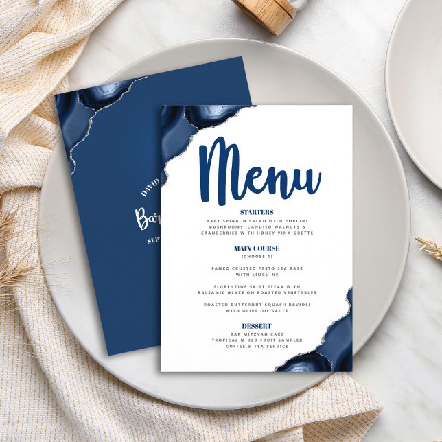 Bar Mitzvah Bold Modern Navy Blue Agate Script Menu (Creator Uploaded)