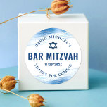 Bar Mitzvah Bold Modern Navy Typography Blue Foil  Classic Round Sticker<br><div class="desc">Be proud, rejoice and showcase this milestone of your favourite Bar Mitzvah! Use this cool, unique, modern, personalised sticker to add to his special day. Metallic light blue foil brush strokes, along with bold, navy blue typography and Star of David, overlay a simple, white background. Personalise the custom text with...</div>