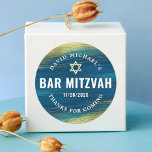 Bar Mitzvah Bold Modern Type Turquoise Gold Foil  Classic Round Sticker<br><div class="desc">Be proud, rejoice and showcase this milestone of your favourite Bar Mitzvah! Use this cool, unique, modern, personalised sticker to add to his special day. Metallic gold foil brush strokes and Star of David, along with bold, white typography, overlay a rich, turquoise blue ombre paint background. Personalise the custom text...</div>
