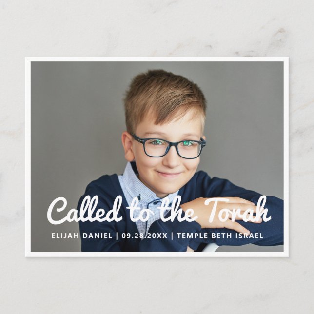 Bar Mitzvah Called to the Torah Modern Photo Invitation Postcard (Front)