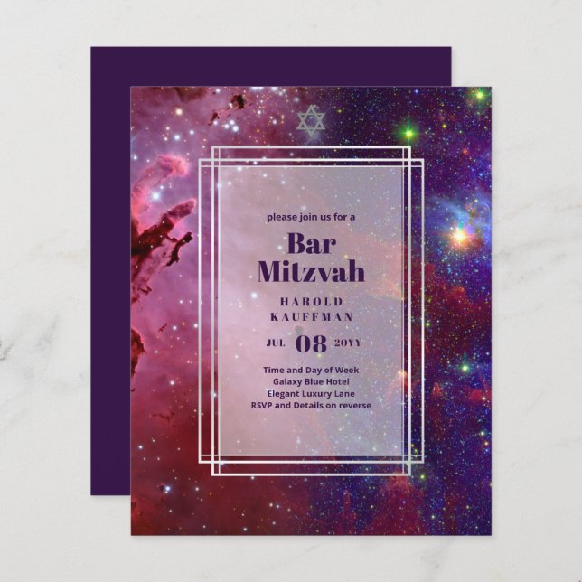 BAR MITZVAH CARDS Celestial Skies Blue Galaxy Gold (Front/Back)