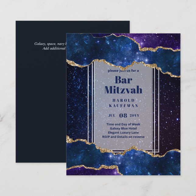 BAR MITZVAH CARDS Celestial Skies Blue Galaxy Gold (Front/Back)