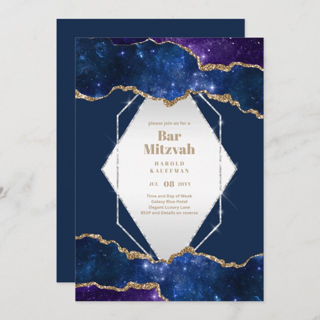 BAR MITZVAH CARDS Celestial Skies Blue Galaxy Gold (Front/Back)