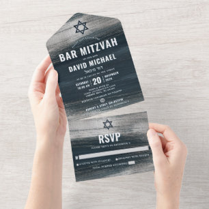 Bar Mitzvah Charcoal Grey Silver Foil Modern Bold All In One Invitation
