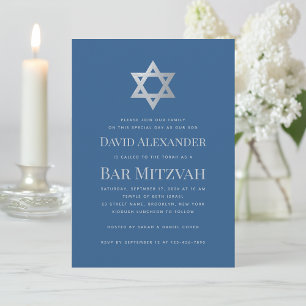 Bar Mitzvah Classic Blue Faux Silver Star of David Invitation