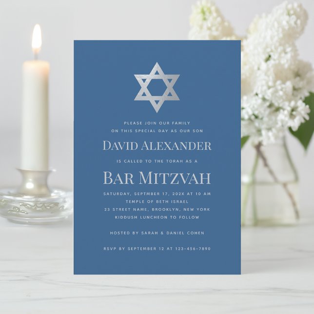 Bar Mitzvah Classic Blue Faux Silver Star of David Invitation (Creator Uploaded)