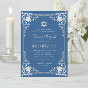 Bar Mitzvah Classic Blue Faux Silver Star Vintage Invitation