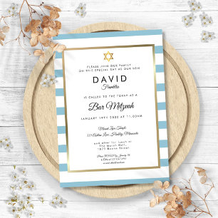Bar Mitzvah Classic Blue White Stripe Gold Invitation