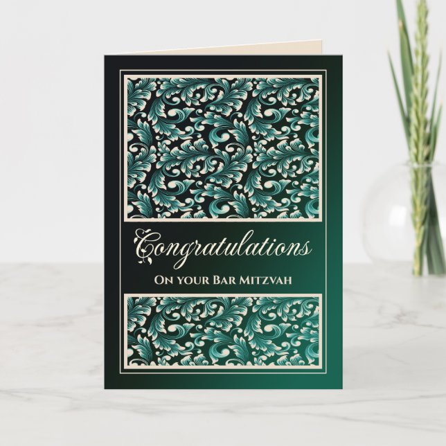 Bar Mitzvah Congratulations Damask Green Card (Front)
