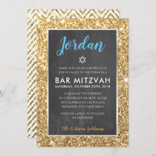 BAR MITZVAH cool chalkboard gold glitter invite
