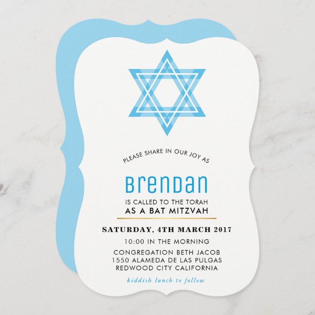 BAR MITZVAH cute modern tween star of david blue Invitation (Front/Back)