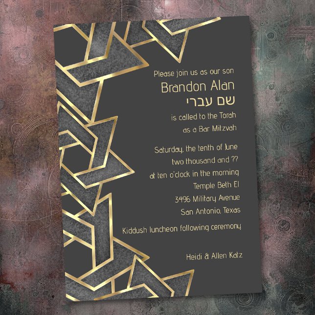 Bar Mitzvah Dark Grey Gold Star of David Invitation (Creator Uploaded)