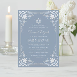 Bar Mitzvah Dusty Blue Faux Silver Elegant Vintage Invitation