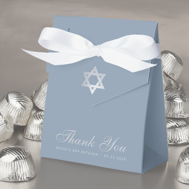 Bar Mitzvah Dusty Blue Faux Silver Star Thank You Favour Box (Creator Uploaded)