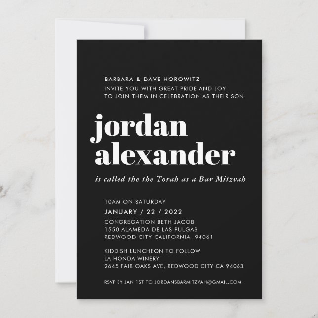 BAR MITZVAH easy modern minimal black white  Invitation (Front)