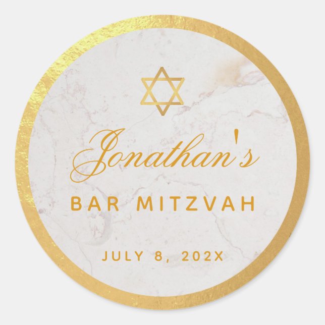 Bar Mitzvah Elegant  Faux Gold Marble Calligraphy Classic Round Sticker (Front)