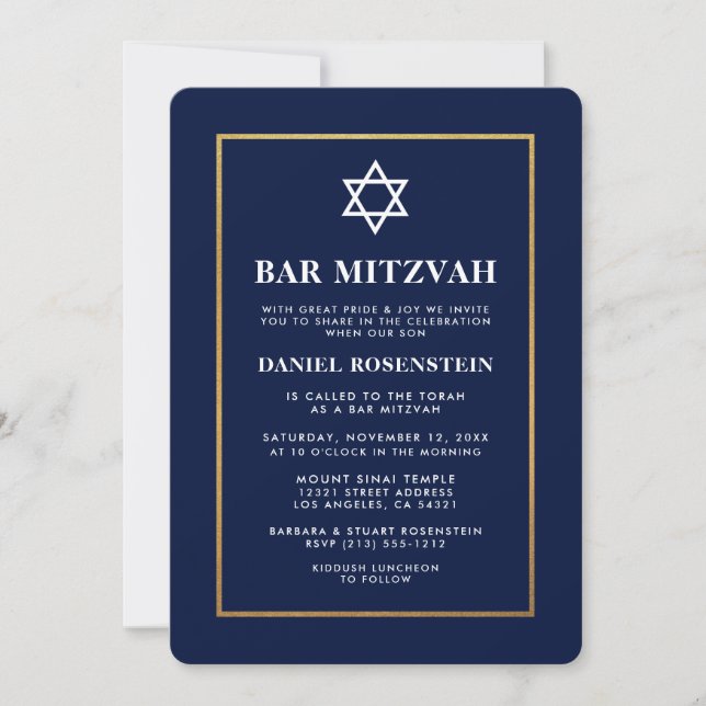 Bar Mitzvah Elegant Invitation Blue and Gold (Front)