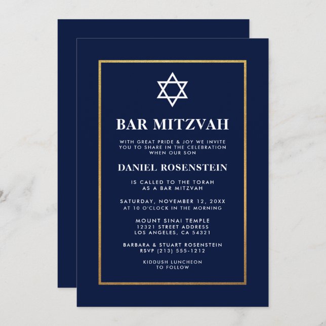 Bar Mitzvah Elegant Invitation Blue Gold (Front/Back)
