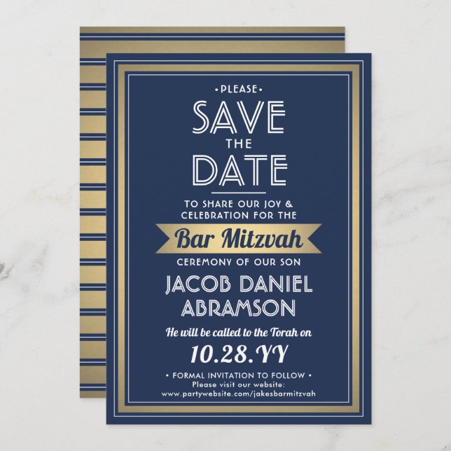Bar Mitzvah Elegant Navy Blue, White and Gold Save The Date (Front/Back)