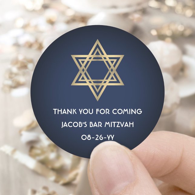 Bar Mitzvah Elegant Star of David Navy Blue & Gold Classic Round Sticker (Creator Uploaded)