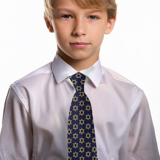 Bar Mitzvah Faux Gold Navy Blue Boy Star of David Tie (Creator Uploaded)