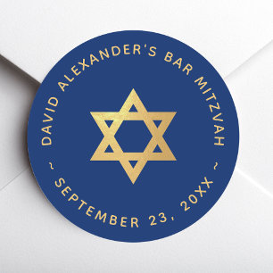 Bar Mitzvah Faux Gold Star of David Royal Blue Classic Round Sticker