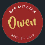 BAR MITZVAH favour modern burgundy red gold Classic Round Sticker<br><div class="desc">by kat massard
Sticker seal for your child's Bar Mitzvah - use as envelope seals or favours to dress up the reception.</div>