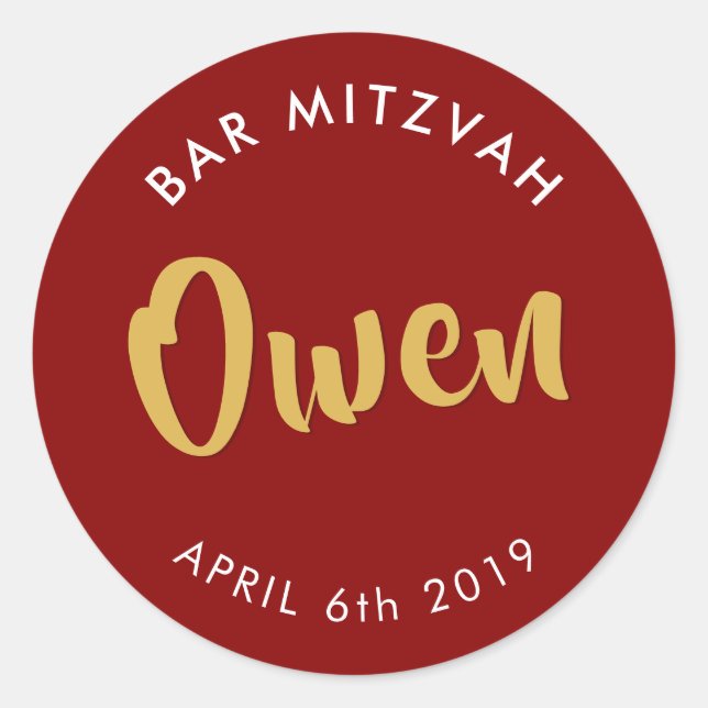 BAR MITZVAH favour modern burgundy red gold Classic Round Sticker (Front)