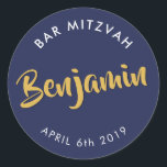 BAR MITZVAH favour modern navy blue faux gold Classic Round Sticker<br><div class="desc">by kat massard
Sticker seal for your child's Bar Mitzvah - use as envelope seals or favours to dress up the reception.</div>