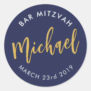 BAR MITZVAH favour modern navy gold calligraphy Classic Round Sticker