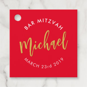 BAR MITZVAH favour modern red gold calligraphy Favour Tags