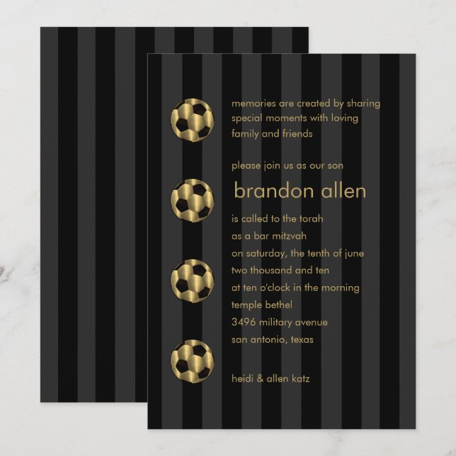 Bar Mitzvah Gold and Black Soccer Ball Invitation (Front/Back)