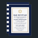 Bar Mitzvah Gold Blue and White Striped Invitation<br><div class="desc">Bar Mitzvah Blue White Gold Invitation Card - Gold Star,  Striped Back</div>