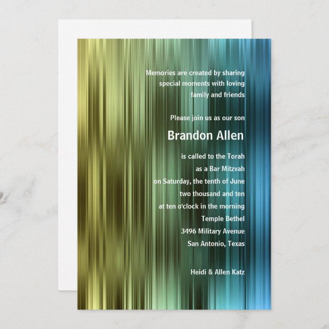 Bar Mitzvah Gold Green Blue Stripes Invitation (Front/Back)