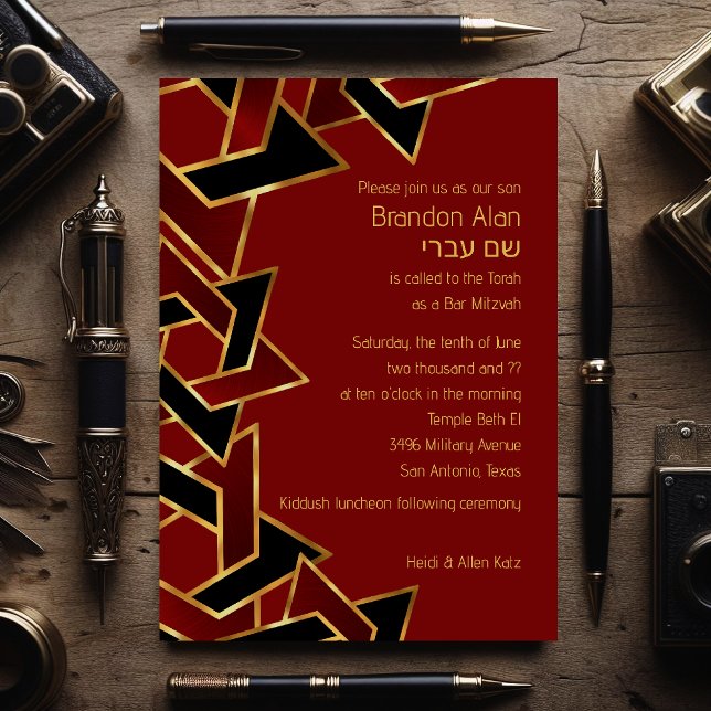 Bar Mitzvah Gold Red Black Star of David Invitation (Creator Uploaded)
