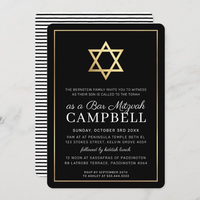 BAR MITZVAH gold star simple modern black white Invitation (Front/Back)