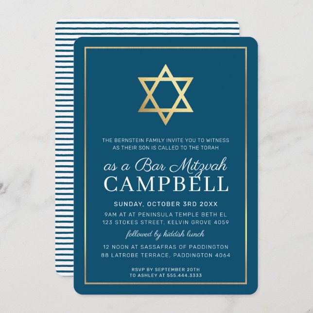 BAR MITZVAH gold star simple modern blue white Invitation (Front/Back)