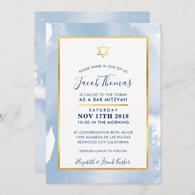 BAR MITZVAH gold star smart blue watercolor invite (Front/Back)