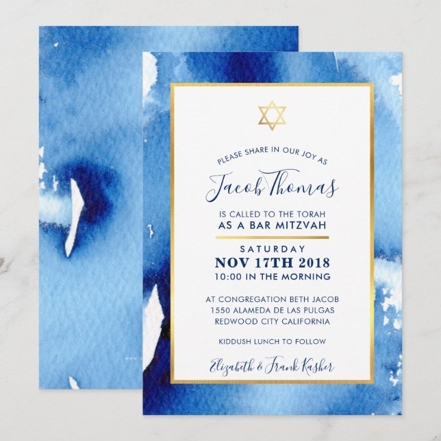 BAR MITZVAH gold star smart blue watercolor invite (Front/Back)