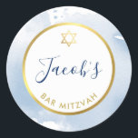 BAR MITZVAH gold star smart pale blue watercolor Classic Round Sticker<br><div class="desc">by kat massard >>> WWW.SIMPLYSWEETPAPERIE.COM <<<</div>