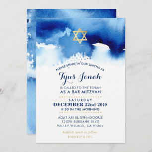 BAR MITZVAH gold star stylish blue watercolor TYUS Invitation