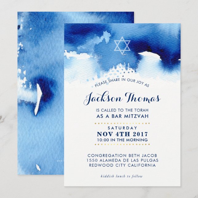 BAR MITZVAH gold stylish blue watercolor invite (Front/Back)