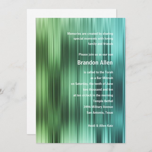 Bar Mitzvah Green Blue Stripes Invitation (Front/Back)