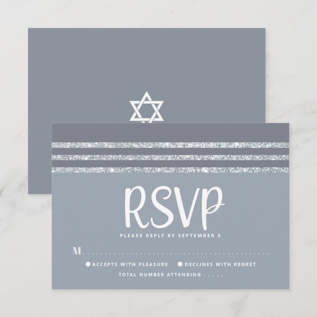 Bar Mitzvah Grey Silver Tallit Script Bold Modern RSVP Card (Front/Back)