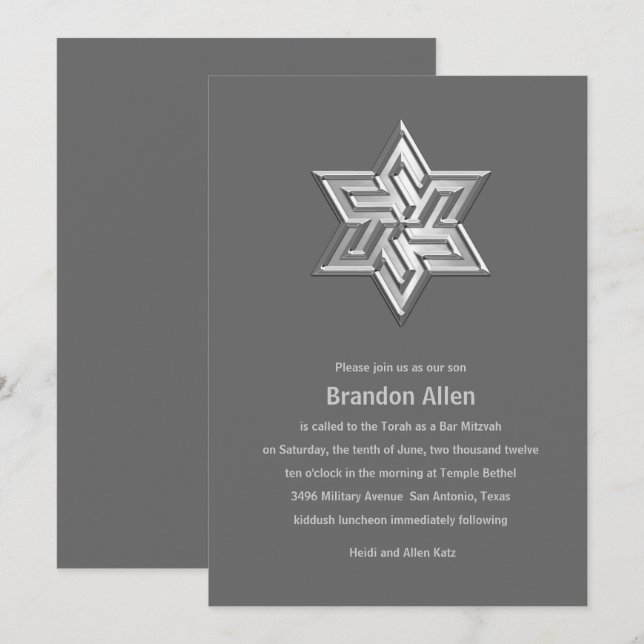 Bar Mitzvah Grey Tones Star of David Invitation (Front/Back)