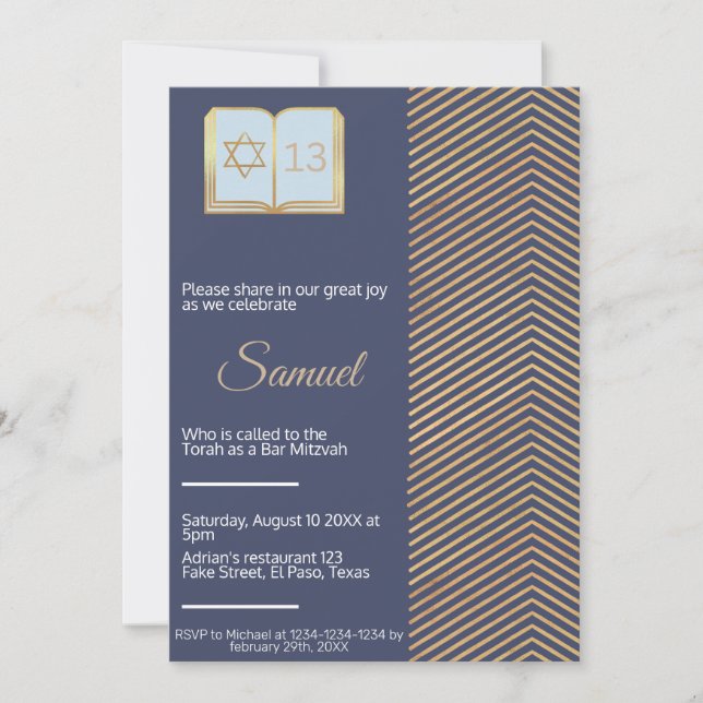 Bar mitzvah invitation: Blue and gold design Invitation (Front)