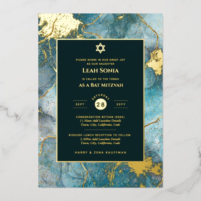 Bar Mitzvah Invitation Real Foil Agate Gold Blue (Front)