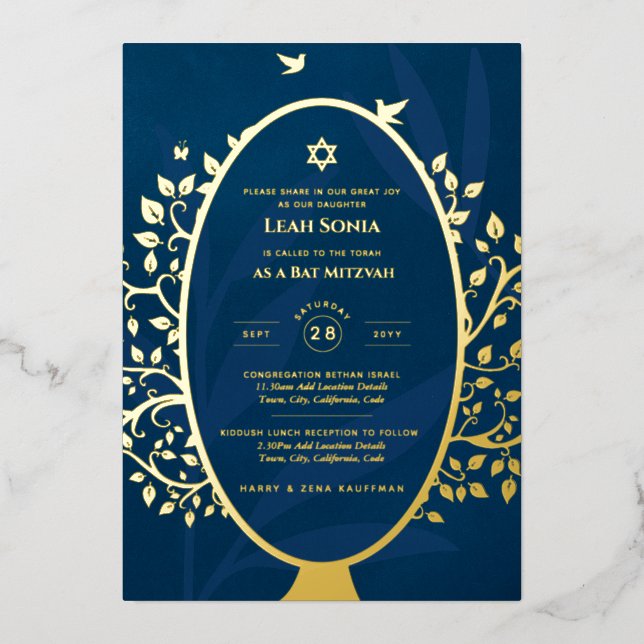 Bar Mitzvah Invitation REAL FOIL Tree of Life Gold (Front)