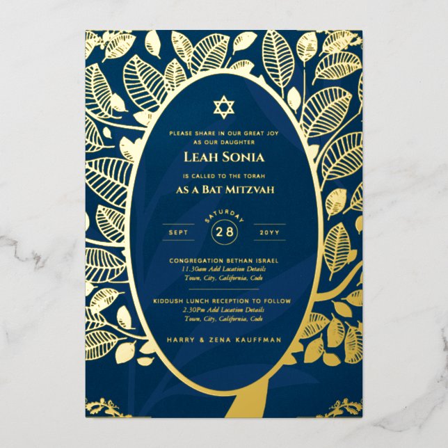 Bar Mitzvah Invitation REAL FOIL Tree of Life Gold (Front)