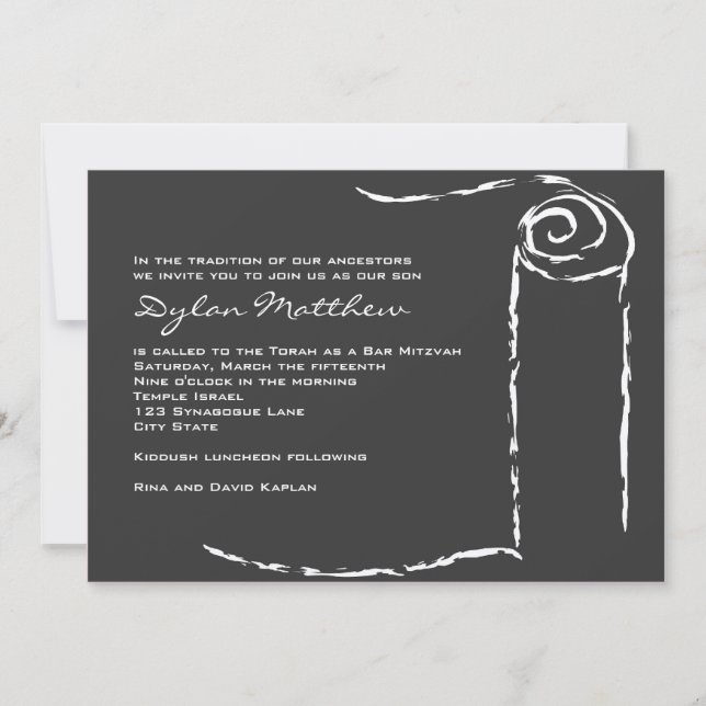Bar Mitzvah Invitation Torah Scroll Hebrew Black (Front)